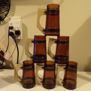 +Vintage Siesta Ware Set of 6 Amber Brown Glass Metal Band Beer Mugs Wood Handle